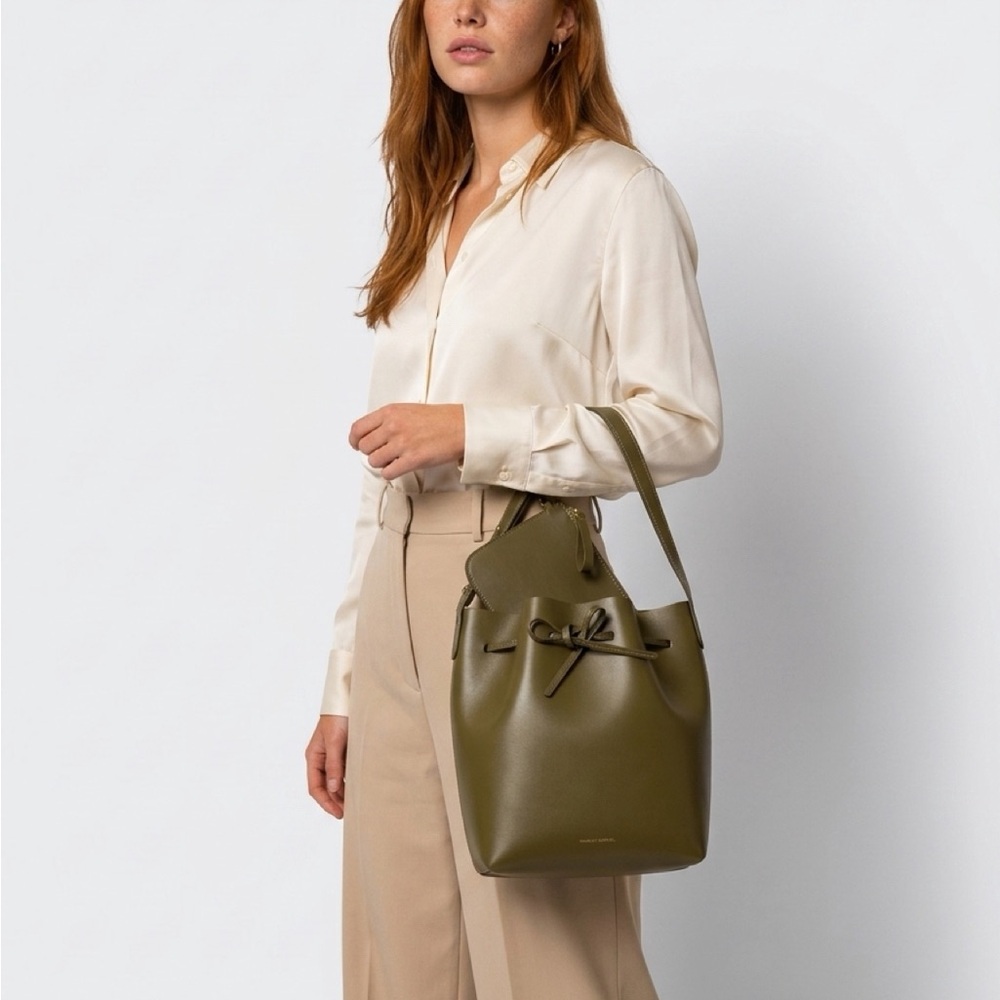 Mansur Gavriel Olive Leather Drawstring Bucket Bag with Pouch